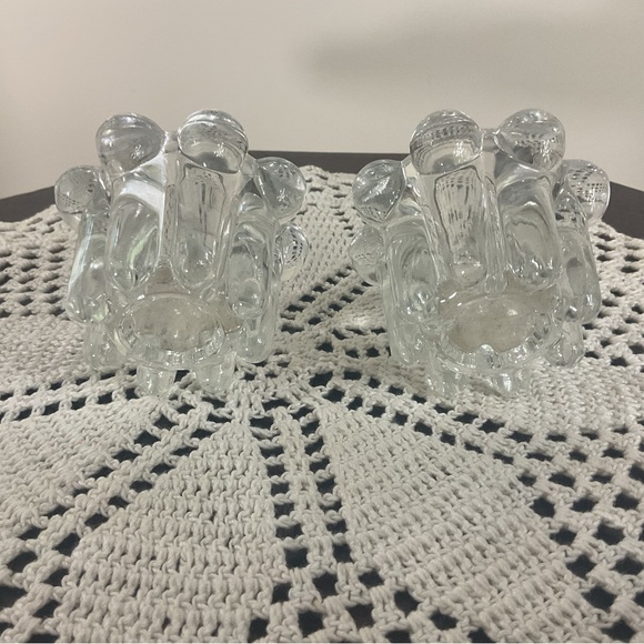 Set of 2 Vtg Clear Glass Reims France French Bubble Beaded Edge Candle Holder - Picture 6 of 6